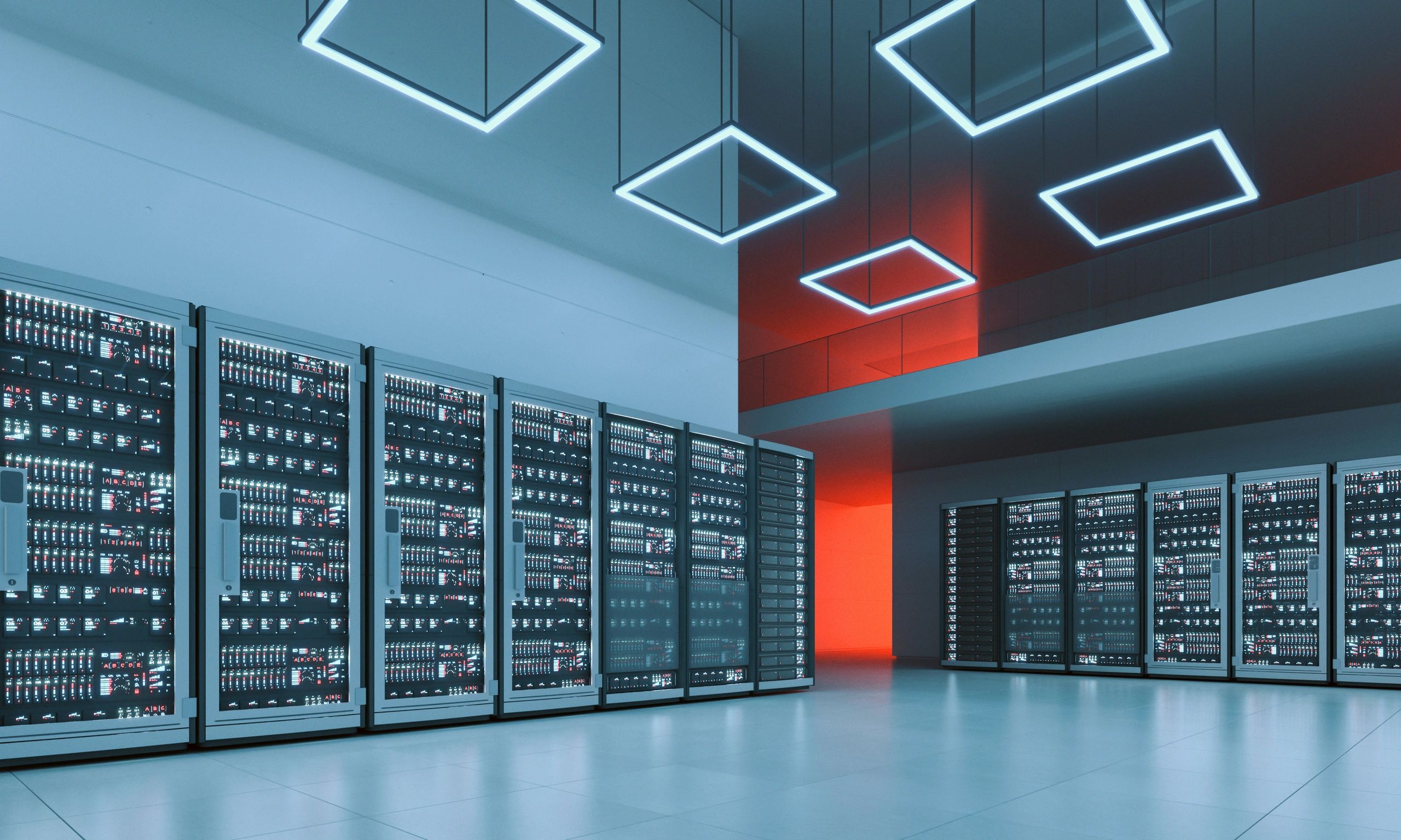 Modern data center server racks representing test environments and critical infrastructure