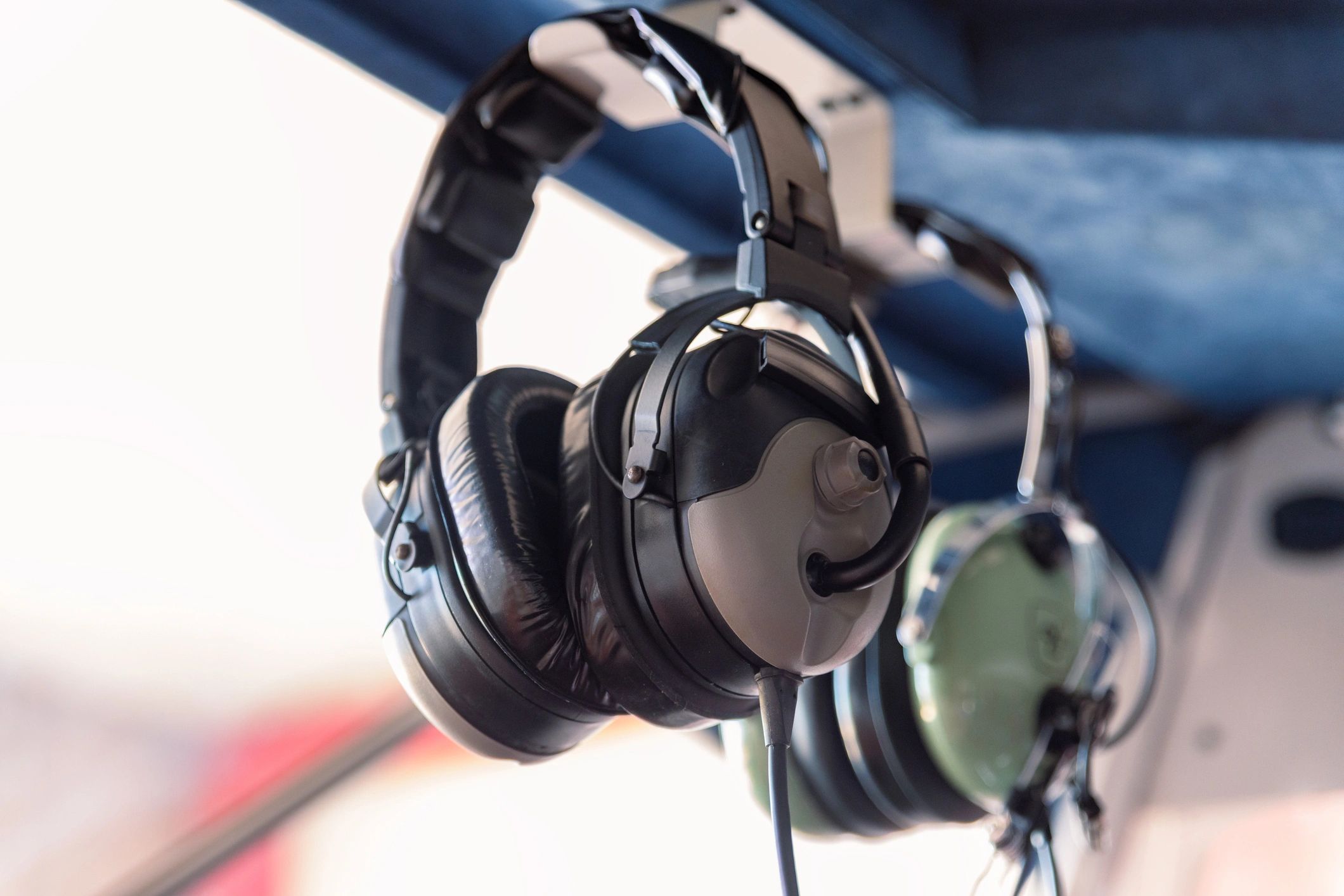 Close up of pilot headset in an aircraft cockpit